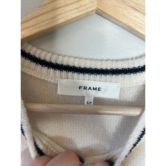 NEW FRAME Short Sleeves Gathered Striped Cashmere Sweater Cream Size: Small - Picture 4 of 7